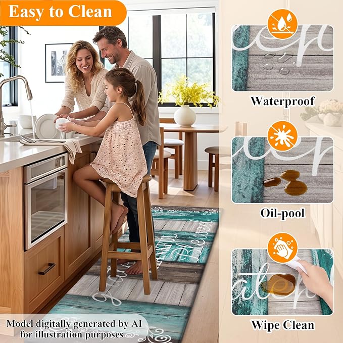 HEBE Anti Fatigue Kitchen Mat Set of 2, Cushioned Kitchen Mats for Floor | Non Slip Waterproof Kitchen Rug and Runner Set, Farmhouse PVC Foam Comfort Mat Floor Carpet for Sink, Standing Desk, Laundry