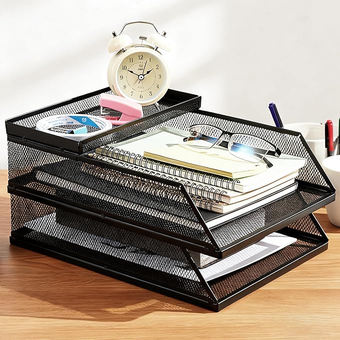 2-Tier Stackable Paper Tray Organizer with Top Tray, Metal Mesh Desktop File Holder & Document Sorter for Office, Home, Learning Places (Black)