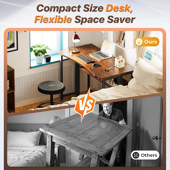 Huuger Folding Desk with Storage Shelf, 39.3 Inch Foldable Computer Table for Small Spaces, Space Saving Sofa Table for Couch, Writing Work Office Computer Desk, Easy to Fold, Rustic Brown