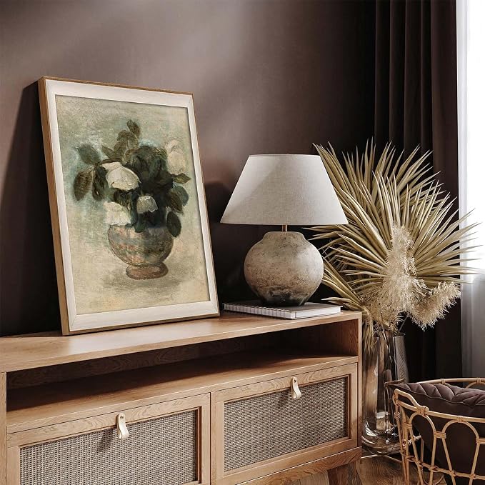 Uniro Vintage Floral Wall Art Framed, Neutral Flower Still Life Oil Painting, White Roses Canvas Prints Artwork with Antique Frame, Farmhouse Wall Decor for Bedroom, Kitchen, Shelf, Bathroom Wall Decor, Cottagecore Room Decor - 12x16Inch
