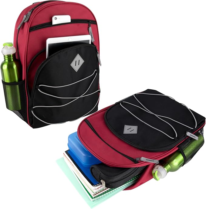 Trail maker Kids Backpacks with School Supplies for Boys, Girls | 30 Piece Back to School Supplies Set with 17" Bungee Backpack (Red & Black)