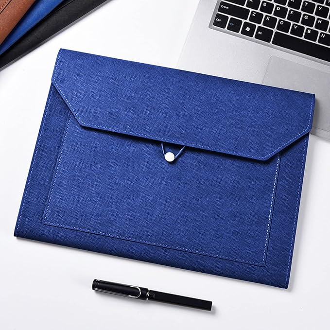 PU Leather A4 File Folder Document Holder 2 Pockets Portfolio Envelope Folder Case with Elastic String 3/4 Inch Expansion (Blue)