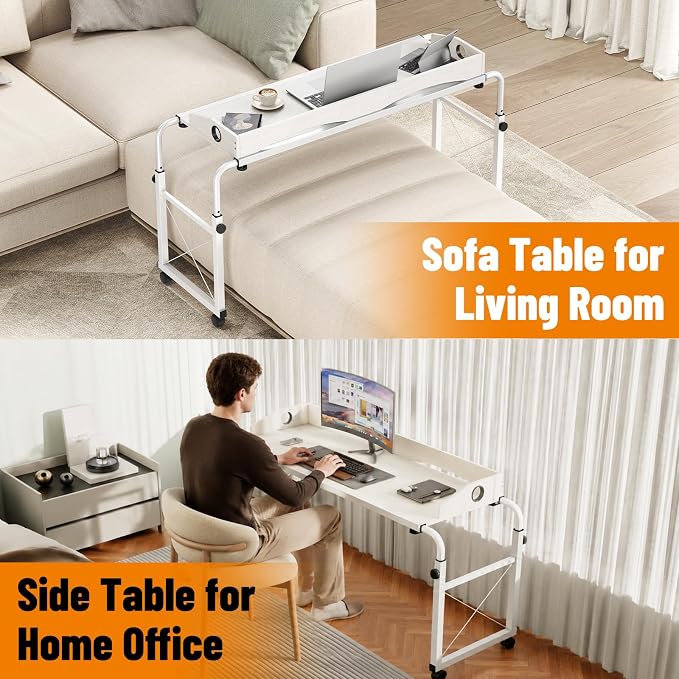 BYMECOST Laptop Desk for Bed, Adjustable Height & Length Laptop Bed Table | Overbed Table with Wheels for Queen Size Beds,Rolling Standing Desk,Over Bed Desk for Working Reading Eating