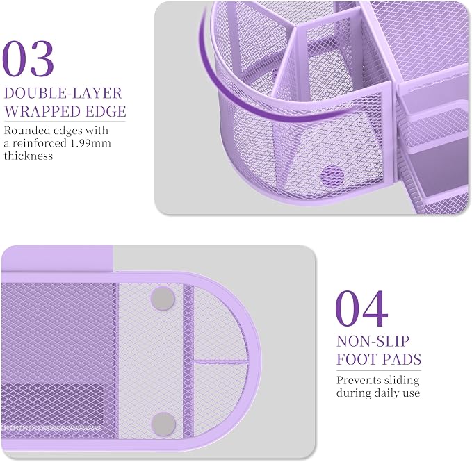 SUPEASY Mesh Desk Organizer, Desk Organizers and Accessories with Drawers, Pen Holder for Desk with 2 Drawers with 9 Compartments for Office Supplies, Purple