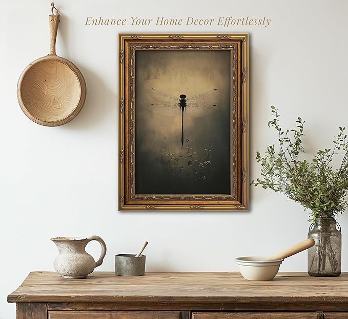 Vintage Gold Framed Wall Art Retro Dark Dragonfly Painting Canvas Prints Gothic Insect Picture Wall Decor Rustic Farmhouse Animal Poster Artwork for Living Room Bedroom Bathroom, 9x11in