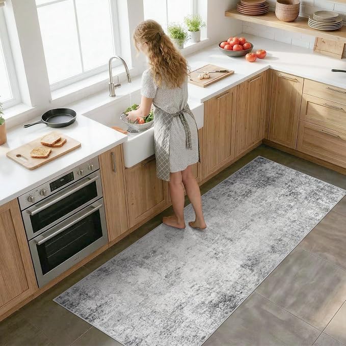 Abstract 2x6 Runner Rug for Home: Living Room Entryway Hallway Rugs Indoor Non Slip with Rubber Backing Extra-Soft Home Decor Mats for Bedroom Kitchen Distressed Ultra Thin Low Pile Carpets 2x6 Grey