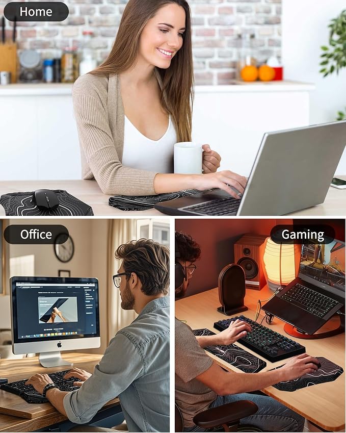Ergonomic Mouse Pad and Keyboard Wrist Rest Support Set, Massage Design Mousepad for Carpal Tunnel Pain Relief, Memory Foam, Non-Slip PU Base for Computer Desk, Topographic Contour