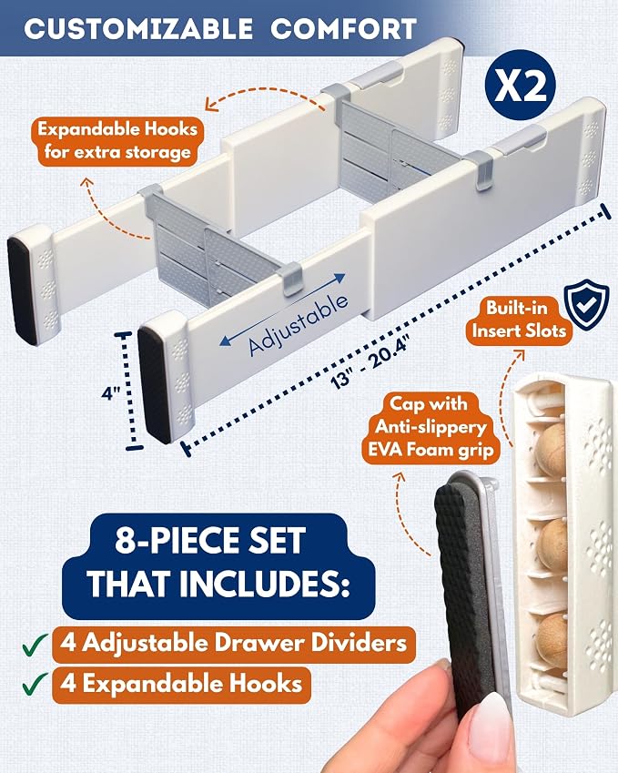 4 Pack Adjustable Drawer Dividers for Clothes with Scent Slots 4" High, 13-20.4" and 4 Adjustable Hooks, Expandable Dresser Drawer Dividers for Kitchen, Closet, Bathroom, Office
