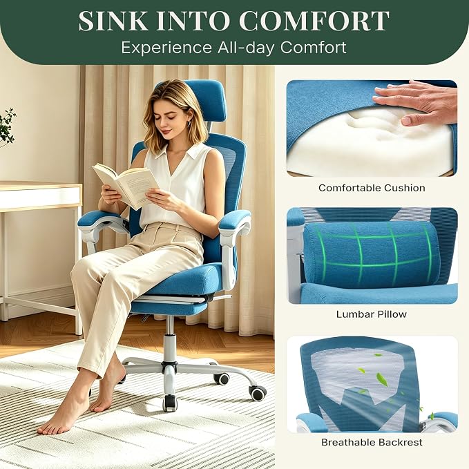 Ergonomic Office Chair with Footrest, High Back Home Desk Chair with Lumbar Support & Headrest, 90-135° Reclining Mesh Back Computer Chair with Wheels for Work, Gaming, Blue