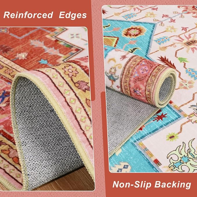 Macgace 3x5 Orange Pink Area Rug for Living Room, Machine Washable Rugs with Non-Slip Backing for Bedroom, Vintage Medallion Carpet Kitchen Laundry Kids Room Decor