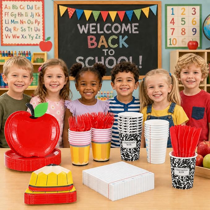 Back to School Party Supplies Kit Apple Pencil Notebook Composition Tableware Set Disposable Dinnerware Paper Napkin Plate Cup Fork for First Day of School Kindergarten Graduation Decor, 24 Guest