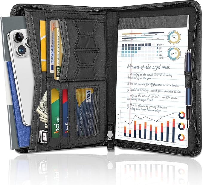AKAYOK Zippered Portfolio Binder for Men & Women, Resume Portfolio Folder with 5.3" x 8 "Notepad, 9.6" x 7" Faux Leather Portfolio for Resume, Documents, Phone, Business Supplies and Cards (Black)