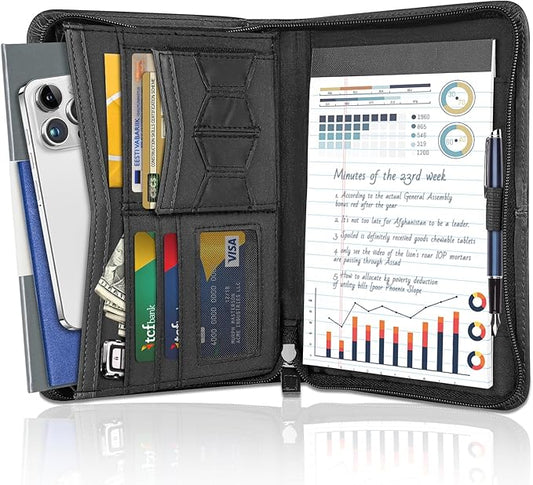 AKAYOK Zippered Portfolio Binder for Men & Women, Resume Portfolio Folder with 5.3" x 8 "Notepad, 9.6" x 7" Faux Leather Portfolio for Resume, Documents, Phone, Business Supplies and Cards (Black)