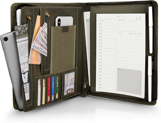 JinRuiKJ Full Grain Leather Portfolio with Zipper, Professional Business Organizer for Men Women, Executive Resume Folder with A4 Notepad Holder, Card Slots, Pen Loop, 10x13'', Luxury Gift Set (Green)