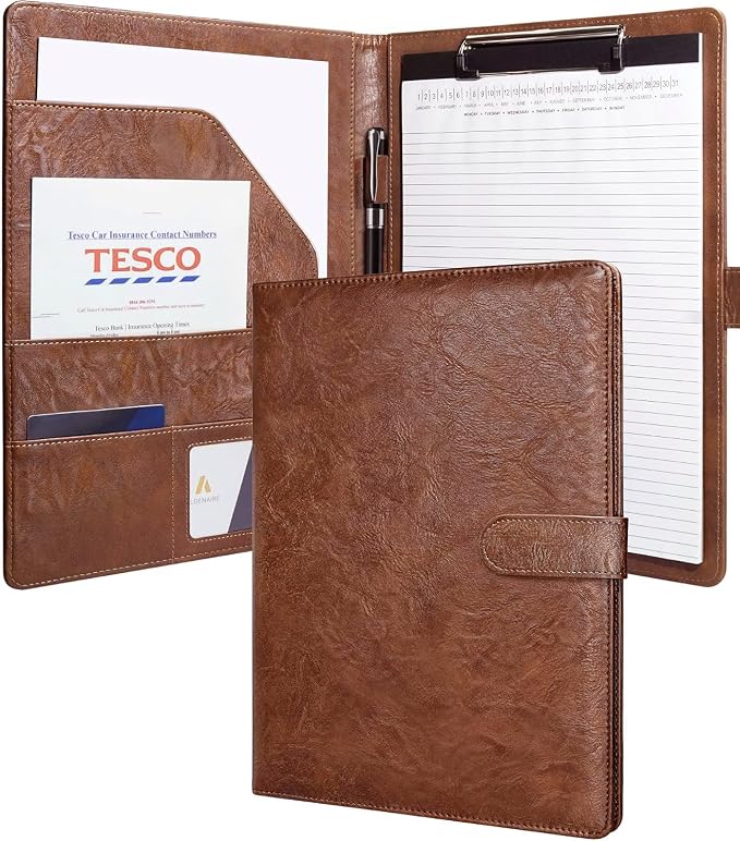 Zreal Padfolio Portfolio Binder with Clipboard & Card Holder, Faux Leather File Folder, Folio Resume Paper Organizer for A4 Letter Size Document, Legal Pad Holder for Women Man (Brown)