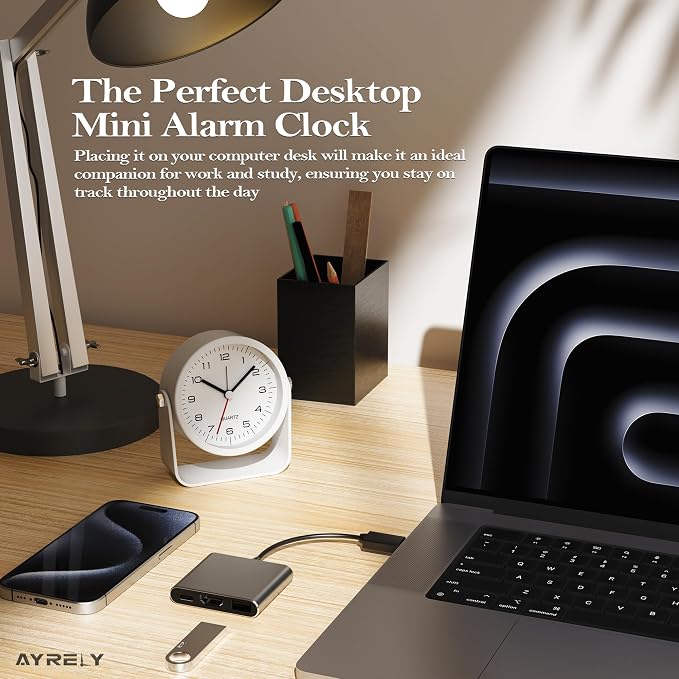 AYRELY® 3.5" Small Analog Travel Alarm Clock, Battery Operated Desk Clock | Cute Table Clock with Light, Adjustable Angle, Bedside, Bedrooms, Kids' Rooms and Living Room Decor (White)