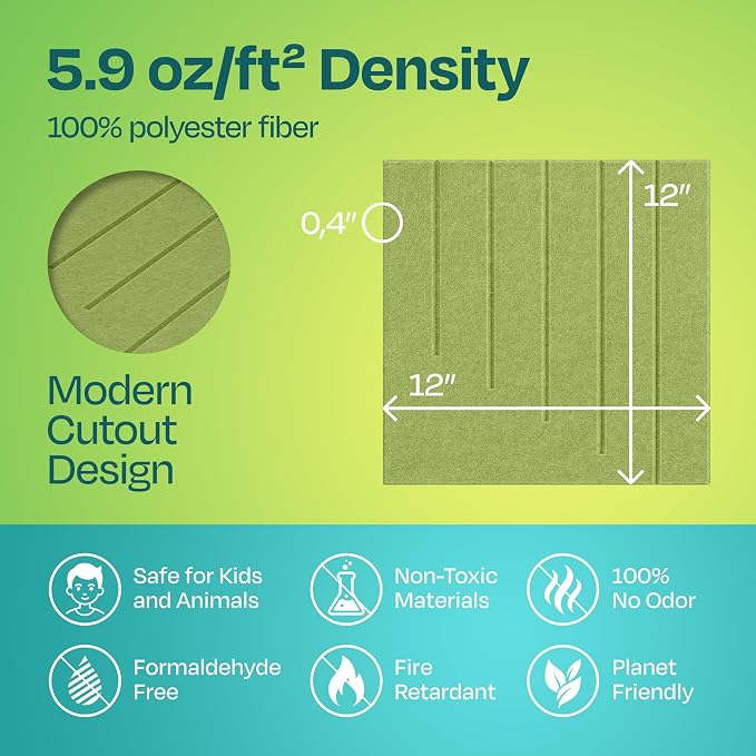 Acoustic Panels 12-Pack Soundproof Wall Panels 12"x12"x0.4" Decorative Sound Dampening for Your Home, Office, Studio, Bedroom & More with Unique LineWave Carving [Gin Green]
