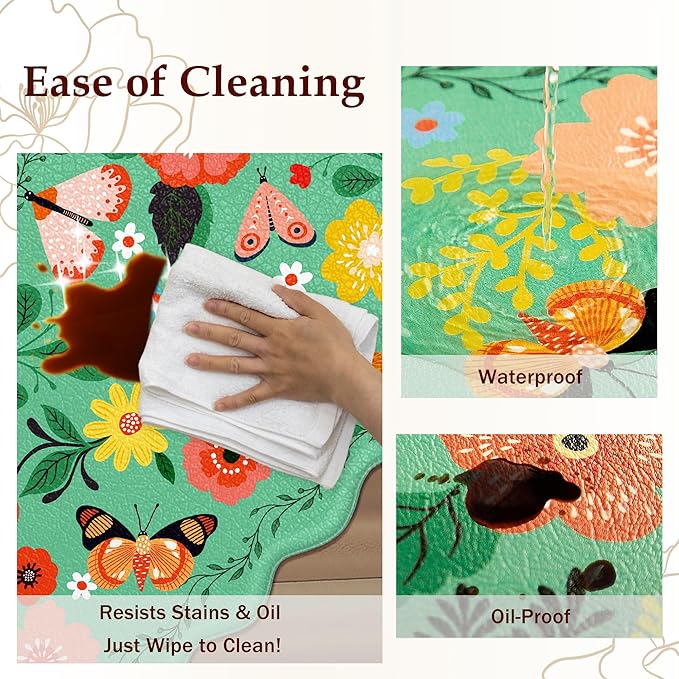 Scalloped Green Kitchen Mats for Floor 2PC Cushioned Anti Fatigue Kitchen Mats Rugs Waterproof Non Slip Farmhouse Boho Floral Comfort Foam Standing Mat for Sink Laundry