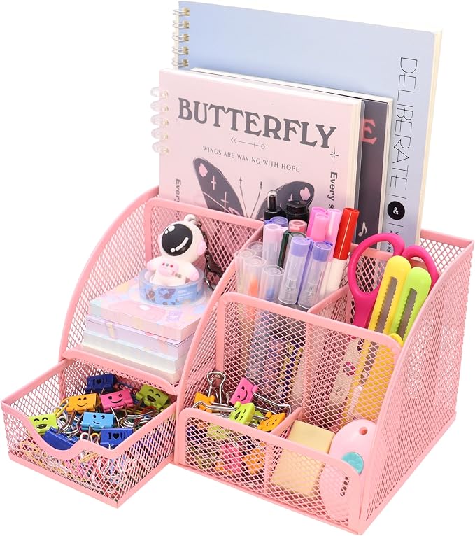 Boutilon Mesh Desk Organizer Desktop Office Supplies Stationary Organizer with 6 Compartments and 1 Drawer Multi-Functional Caddy Pen Holder for Home Office School Desk Decor(Pink)