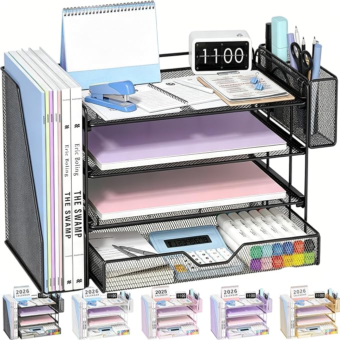 OPNICE Desk Organizers and Accessories, 4-Tier Workspace Desktop File Organizer with Drawer & Pen Holder, Paper Tray Organizer with File Holder, Office Desk Accessories for Home Office Supplies, Black