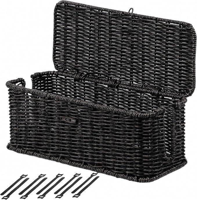 BROWNLILY Cable Management Box, Rattan Style Cord Organizer Cord Hider Outlet Covers Baby Proofing for Power Strip TV PC Router Charger Under Desk Storage with Lockable Lid and Cable Ties-Black, M