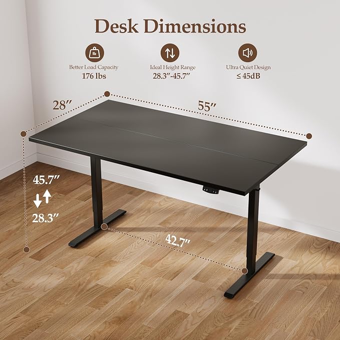 Klicelor 55 x 28 Electric Standing Desk, Sit Stand Up Home Office Desk, Height Adjustable Deep Cumputer Table with Memory Presets and Hooks, Two Pieces, Black