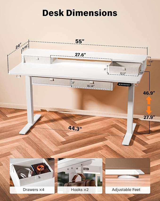 FiCiHi 55x24 Inch Electric Standing Desk, 4 Drawers, Adjustable Height Desk | Sit Stand Computer Desks, C-Clamp Compatible Home Office Desk with Monitor Stand, Cable Management, 3 Preset Heights