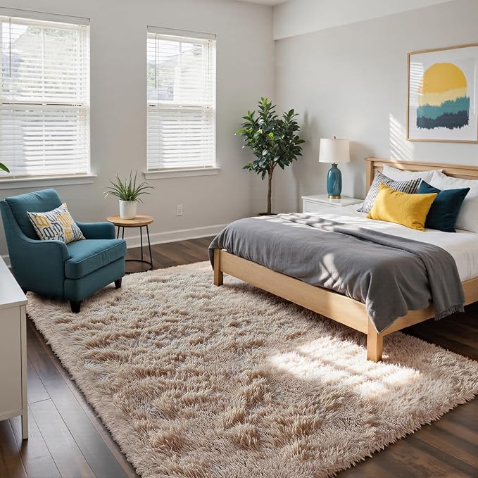 yongyangjuxin Fluffy Rug Shag Area Rug, Beige 10x14 Area Rugs for Bedroom, Super Soft Shag Rugs for Living Room Bedroom Room Home Decor, Upgrade Anti-Skid Rectangular Fuzzy Rug