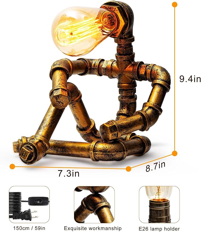 Steampunk Table Lamp, Vintage Industrial Metal Robot Table lamp, Water Pipe Table Lamp, Steam Punk Pipe Lamp Style Desktop Light for Bar Cafe Desktop Room Decoration