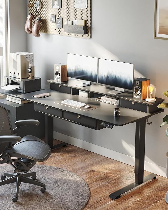 CubiCubi 48" x 24" Standing Desk with Drawers, Height Adjustable Electric Workstation, Computer Sit Stand Up Table with Large Storage Shelf 4 Drawers and 2 Hooks, Black