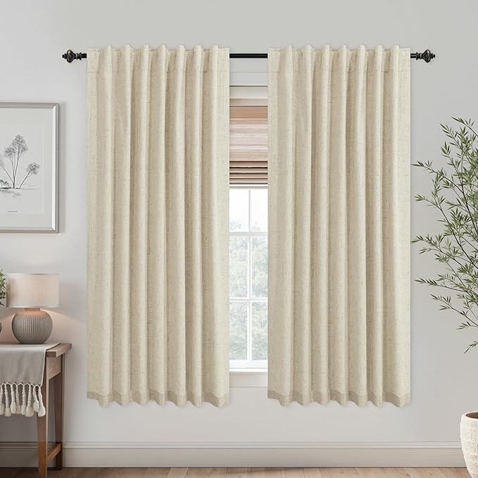 KOUFALL Beige Blackout Curtains for Bedroom,Linen Black Out Country Curtains for Kitchen Living Room 54 Inch Long
