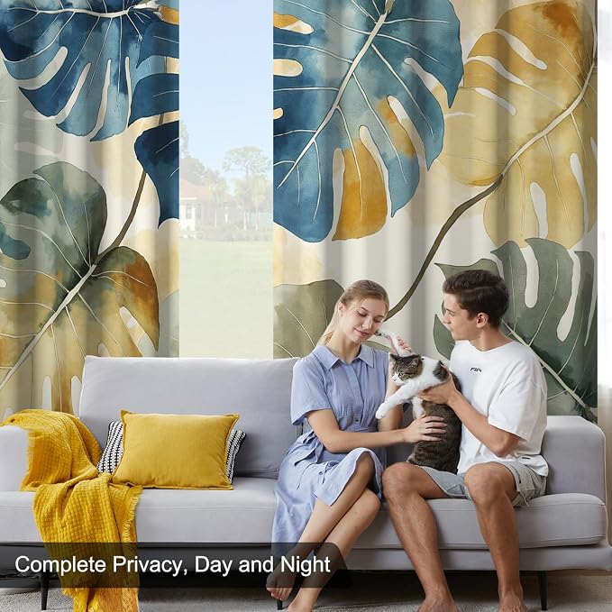 Blackout Curtains for Bedroom and Living Room, Grommet Thermal Insulated Room Darkening Bedroom Curtains, Monstera Leaves Drapes 84 Inch Long 2 Panels Set Light Filtering Reduce Noise Protect Privacy