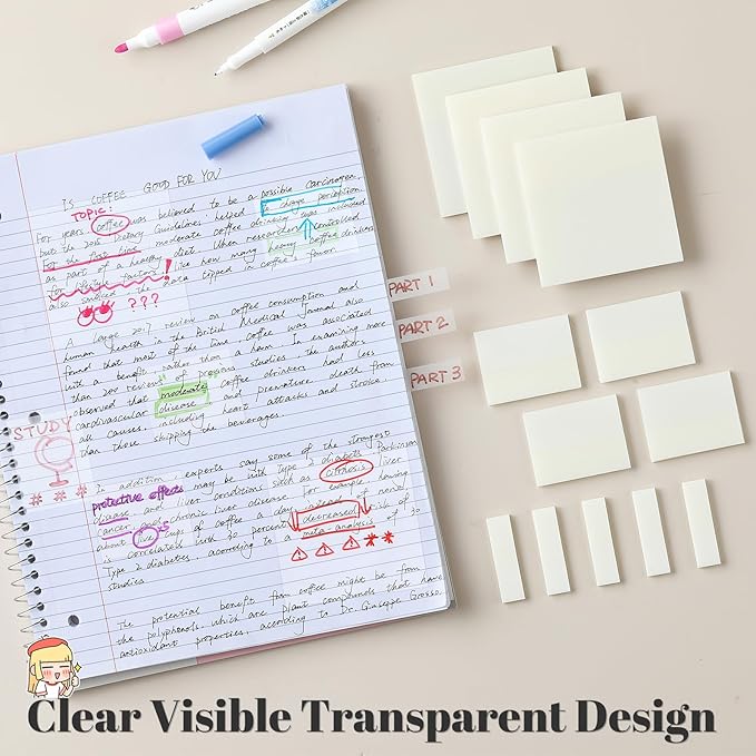 [650 Sheets] Transparent Sticky Notes, 3 Sizes Clear Sticky Notes Pads, Waterproof Self-Adhesive Translucent See Through Sticky Notes for Annotating Books,School & Office