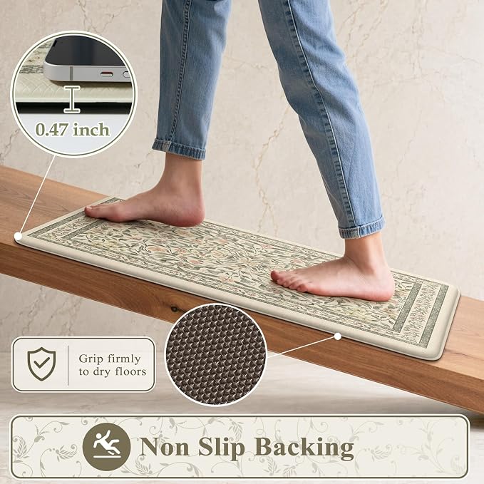 KIMODE Anti Fatigue Kitchen Mats for Floor 2 Piece 20"x59"+20"x32", Boho Kitchen Runner Rugs Non Slip, Beige Cushioned Kitchen Floor Mats, Comfort Standing Mats for Sink, Waterproof Laundry Room Rug