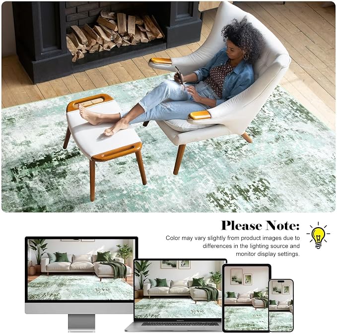 Macgace Washable Abstract Rug, 8x10 Modern Area Rugs with Non-Slip Rubber Backed for Living Room, Thin but Soft Contemporary Carpet Kitchen Bedroom Dining Room Decor, Green
