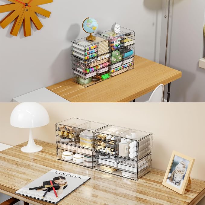 2 Pack Acrylic Storage Drawers With 12 Small Drawer,Stackable Office Cabinet Organizer and Makeup Organizer,Clear Plastic Drawers for Craft Supply,Pen,Stationary,Accessory,Makeup,Desk Organizer