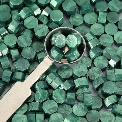 Yoption 360Pcs Metallic Green Sealing Wax Beads, Hexagon Wax Seal Beads with 4Pcs Tea Candles and 2 Melting Spoons for Wedding Invitations, Wine Packaging, Gift Wrap, Envelopes