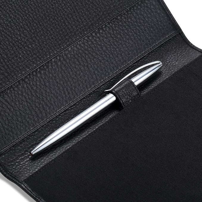 HISCOW Slim Leather Junior Padfolio, 5x8 Notepad Cover, Pebbled Black | Full-grain tumbled cowhide, top-loading legal pad holder, rigid pen loop, quick-access card slot, zipperless boardroom design