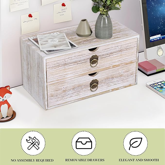 Wood Desk Organizer, Vintage Brown Wooden Desktop Organizer with Drawer, Tabletop Storage Organization Box for Countertop, Home Office Supplies, Bills (2 Drawer)