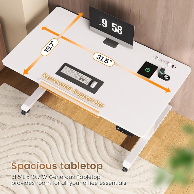 SEDETA 31.5 Inches Electric Standing Desk, 180° Tiltable Mobile Rising | Computer Desk Height Adjustable with Wheels for Drawing/Writing/Gaming/Study/Home Office/Small Space, White