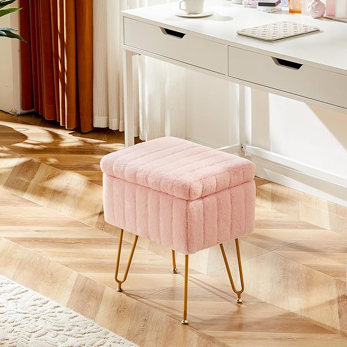 Sweetcrispy Vanity Stool Chair with Storage, 18.9”H x 16”L x 12.2”W Ottoman Chair Faux Fur Soft Padded Makeup Footstools Seat with 4 Metal Legs Anti-Slip Adjustable Feet for Make Up, Pink