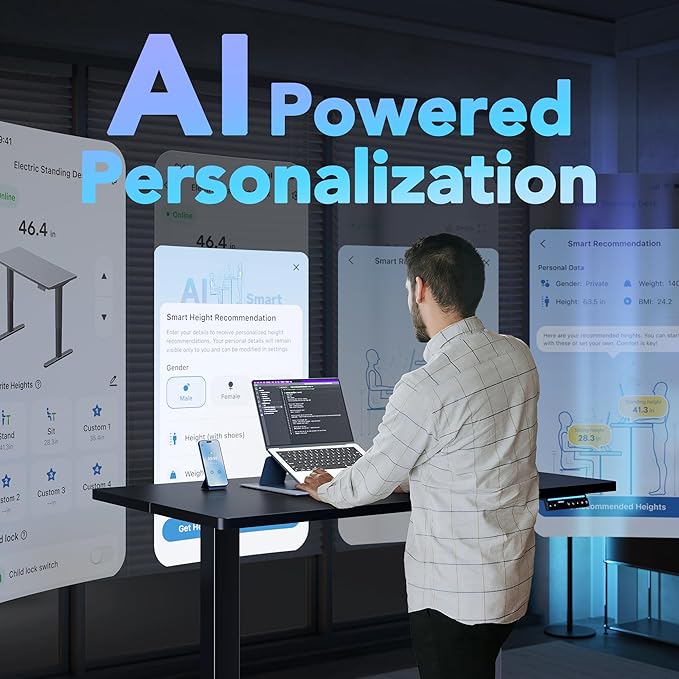 HUANUO 32" AI Smart Standing Desk with App-Synced Sedentary Reminders, Electric Height Adjustable Desk with Body-Data Ergonomic Presets, Voice Control Alexa/Google/Siri, 3 Memory Settings Table, Black