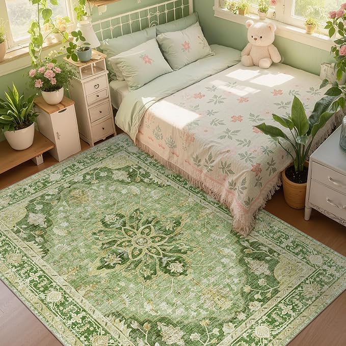RELEANY Area Rugs 6'x9' Washable Non-Slip, Floral Vintage Distress Medallion Carpet for Living Room Bedroom Dining Room, Sage Green Yellow