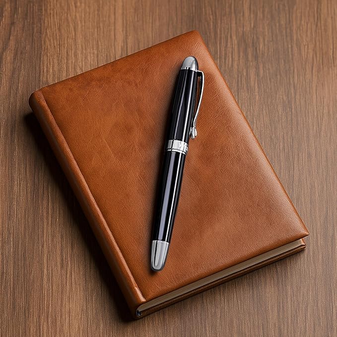'The Boss' Black Luxury Executive Fountain Pen, Polished Lacquer, Chrome Accents, Stainless Steel Nib, Easy Refill Ink Piston Converter, Smudge Free, No Bleed, Fits Our Instant Insert Ink Cartridges