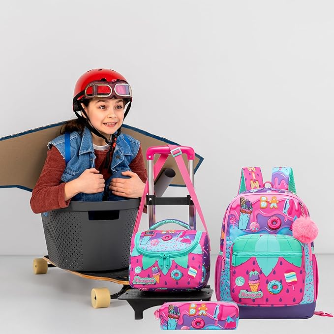 Girls Rolling Backpack for Kids Ages 8-12 Wheeled Backpack for Kids Backpacks for Girls with Lunch Bag Back to School Supplies Kit