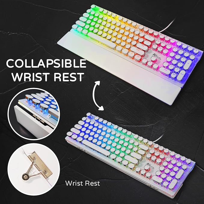 RK ROYAL KLUDGE S108 Typewriter Style Mechanical Gaming Keyboard with RGB Backlit, Wired PC Game Keyboard Full Size with Detachable Wrist Rest and Number Pad, Retro Round Keycaps, Red Switches White