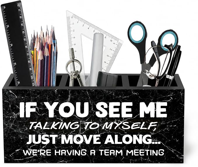 Funny Office Pen Holder for Desk, If You See Me Talking to Myself Team Meeting Black and White Pencil Organizer Wooden Box Sign for Office Workplace Home Decoration