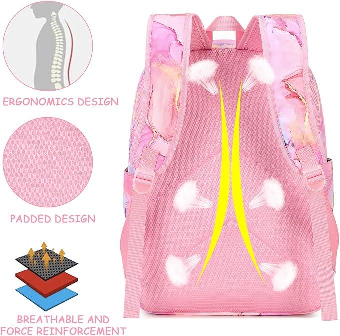 Bluboon Teen Girls School Backpack Kids Bookbag Set with Lunch Box Pencil Case Travel Laptop Backpack Casual Daypacks (Marble Pink-Blue)