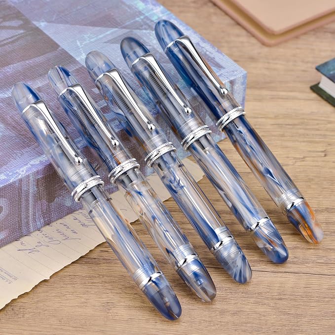 Asvine V800 Fountain Pen – Vacuum Filling System with Large Ink Capacity – Smooth Number 8 Fine Nib with Gift Case and Wrench – Blue Brown