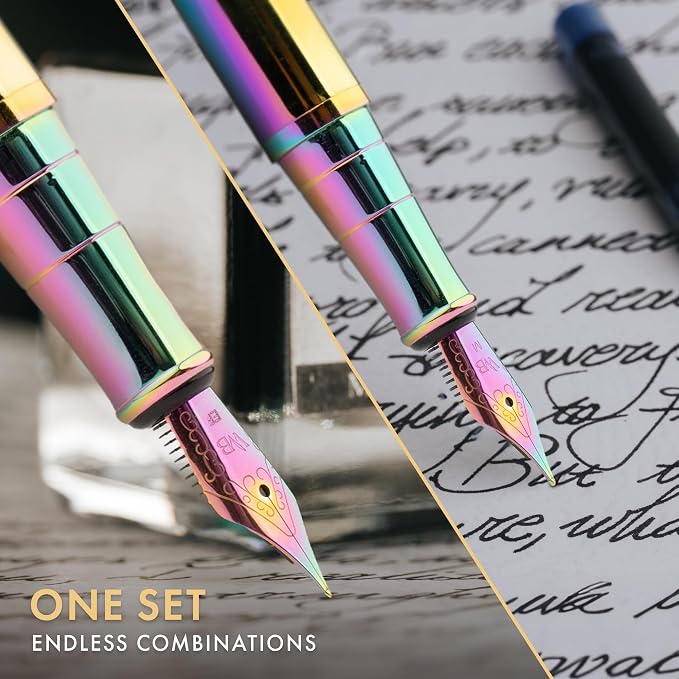 Wordsworth & Black Fountain Pen Set, 18K Gilded Medium and Extra Fine Nib, 25ML Black Ink Bottle, 6 Ink Cartridges,Refill Converter, Gift Box,Smooth Writing Pens [Rainbow],Gift Set for Men and Women